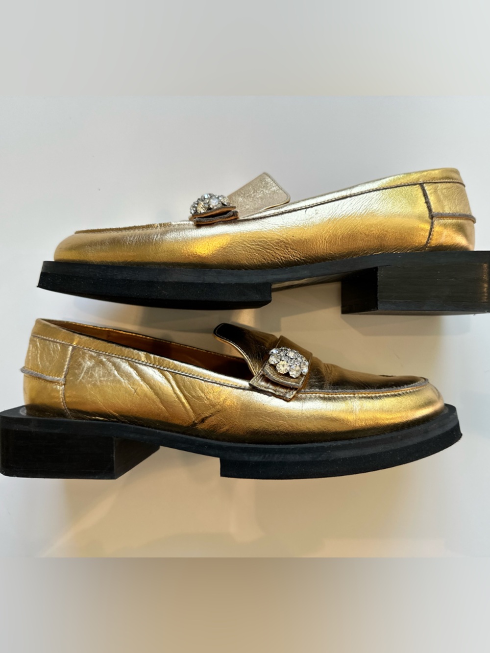 GANNI Gold Metallic Loafers Crystal Embellished Leather Size 39 - Picture 6 of 10
